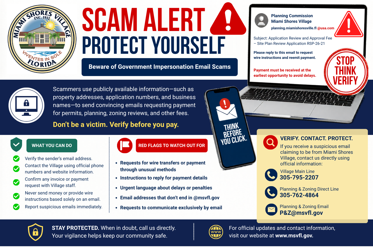 Miami Shores Village scam awareness flyer reminding residents to verify requests before paying, replying, clicking, or sharing personal information.